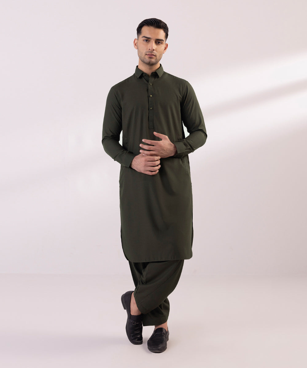 Men's Stitched Fancy Wash & Wear Dark Olive Round Hem Kurta Shalwar