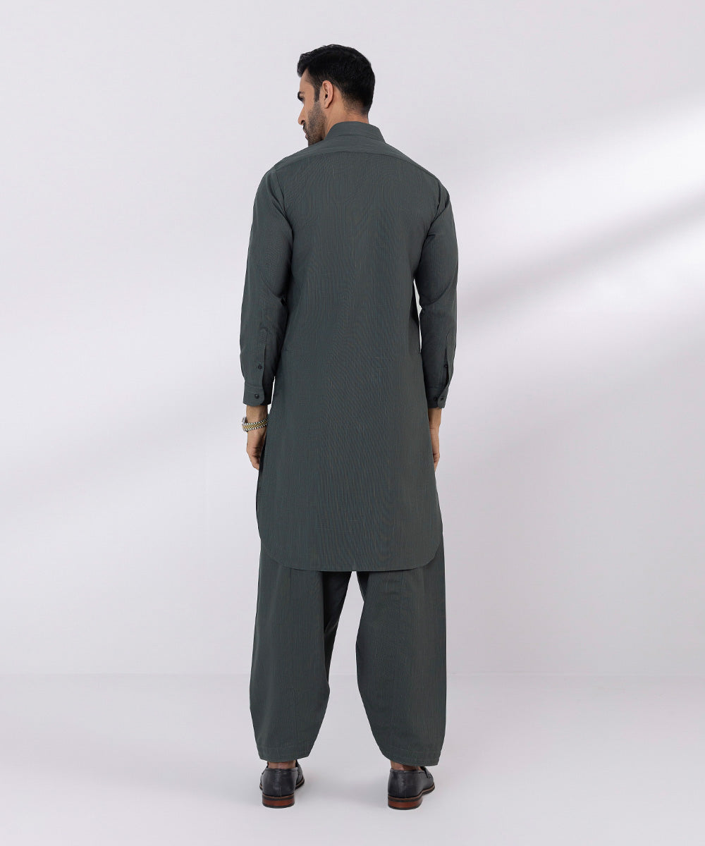 Men's Stitched Fancy Wash & Wear Charcoal Round Hem Kurta Shalwar