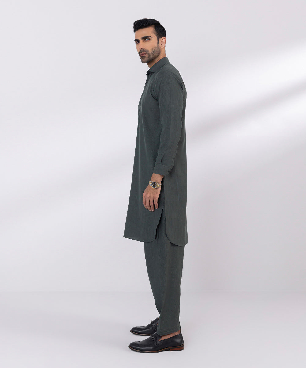 Men's Stitched Fancy Wash & Wear Charcoal Round Hem Kurta Shalwar