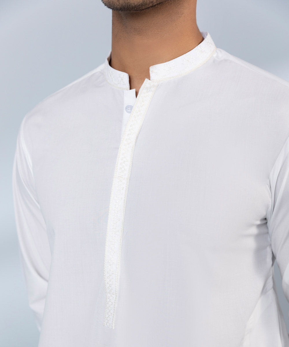 Men's Stitched Wash & Wear White Straight Hem Kurta Shalwar