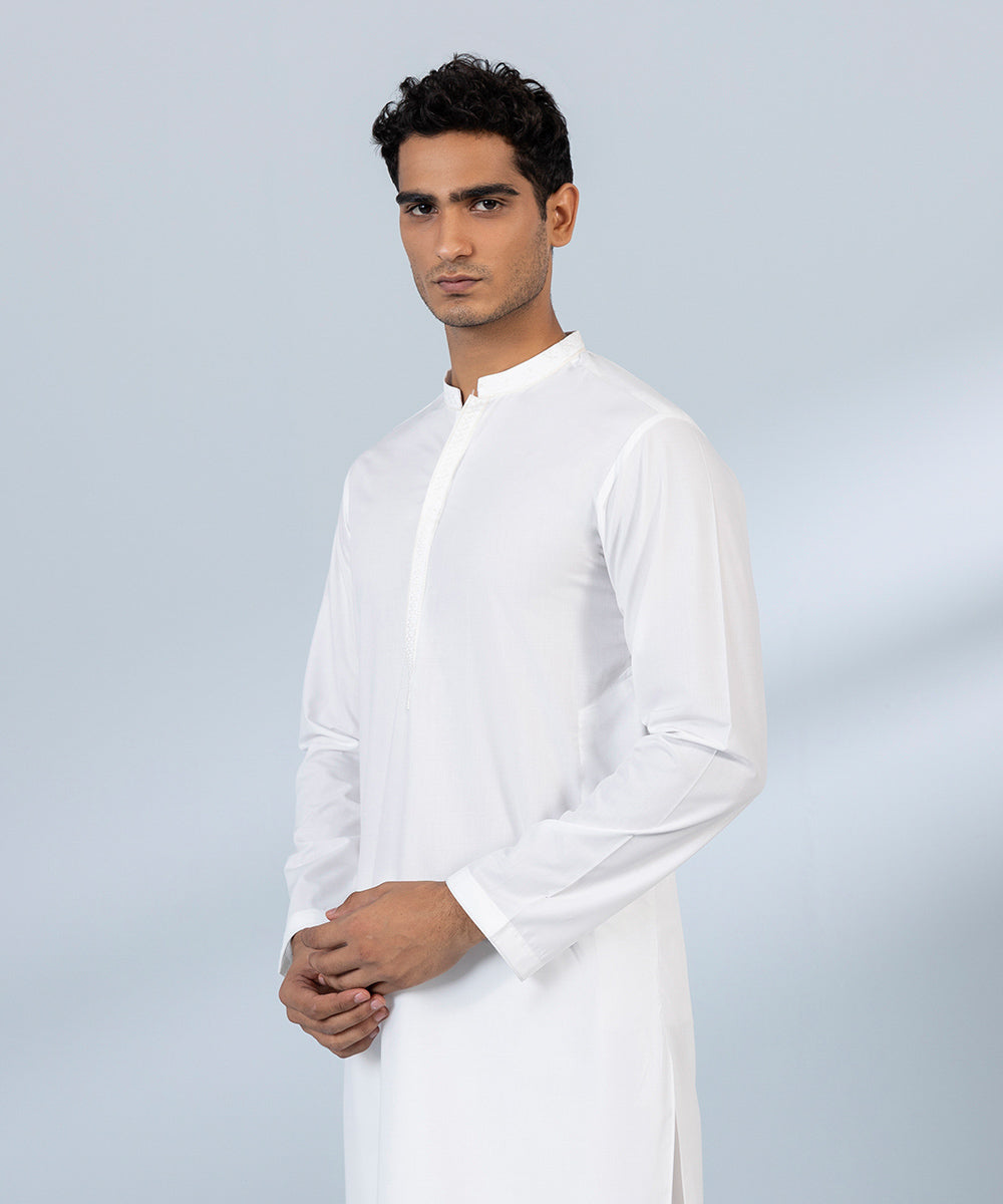 Men's Stitched Wash & Wear White Straight Hem Kurta Shalwar