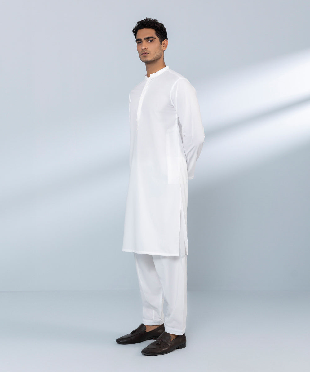 Men's Stitched Wash & Wear White Straight Hem Kurta Shalwar