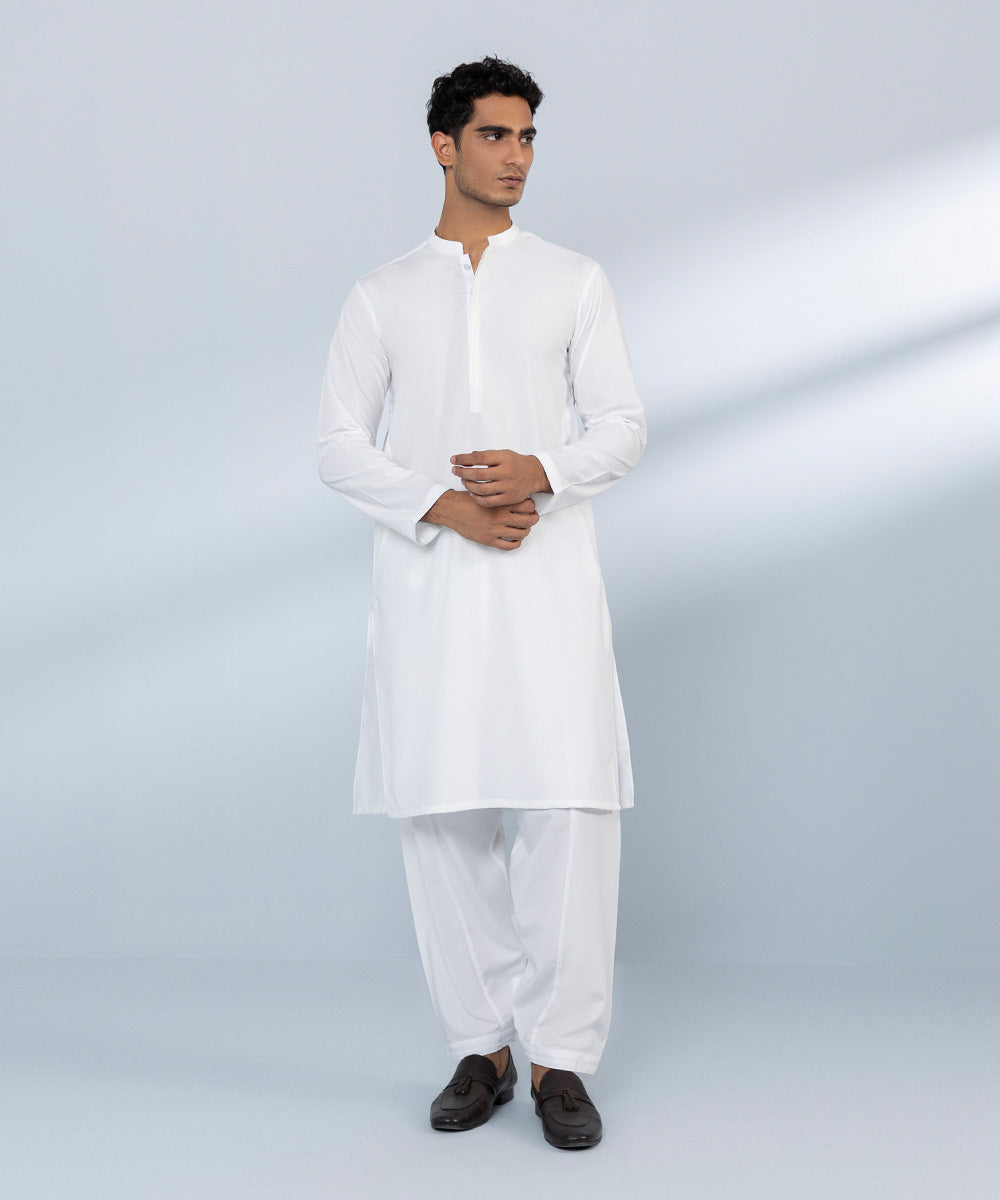 Men's Stitched Wash & Wear White Straight Hem Kurta Shalwar