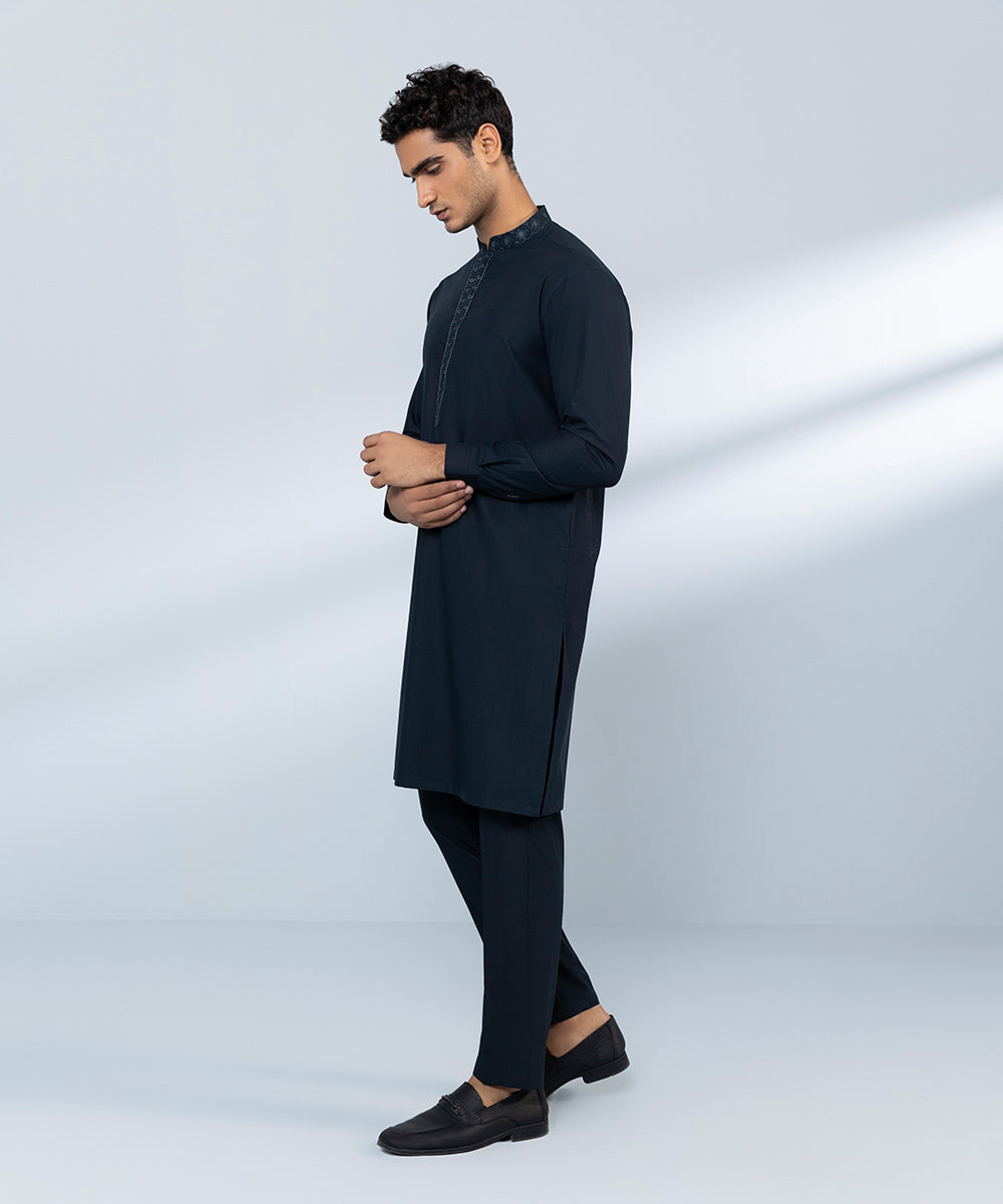 Men's Stitched Wash & Wear Blue Straight Hem Kurta & Trousers