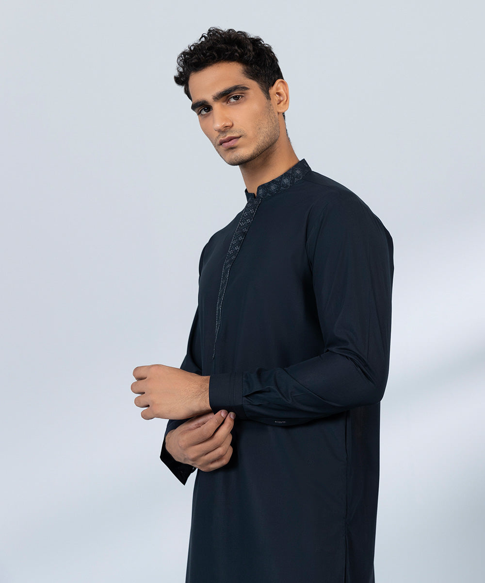 Men's Stitched Wash & Wear Blue Straight Hem Kurta & Trousers