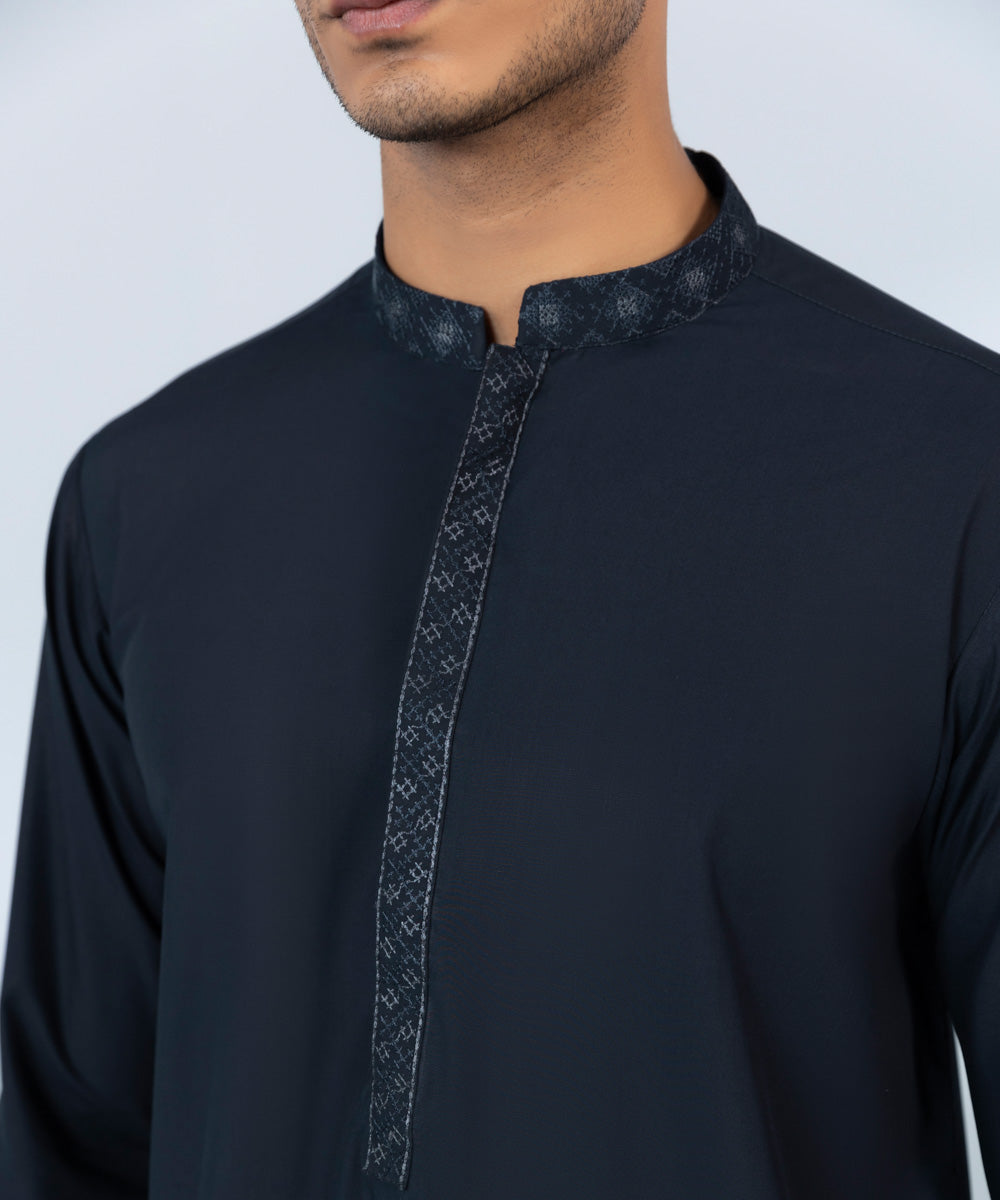 Men's Stitched Wash & Wear Blue Straight Hem Kurta & Trousers