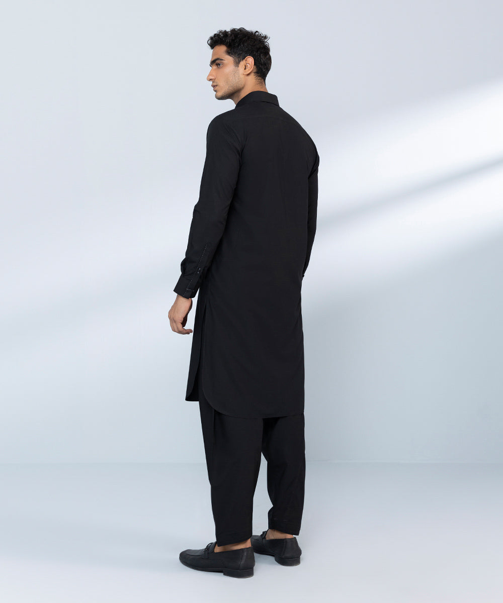 Men's Stitched Wash & Wear Black Round Hem Kurta Shalwar