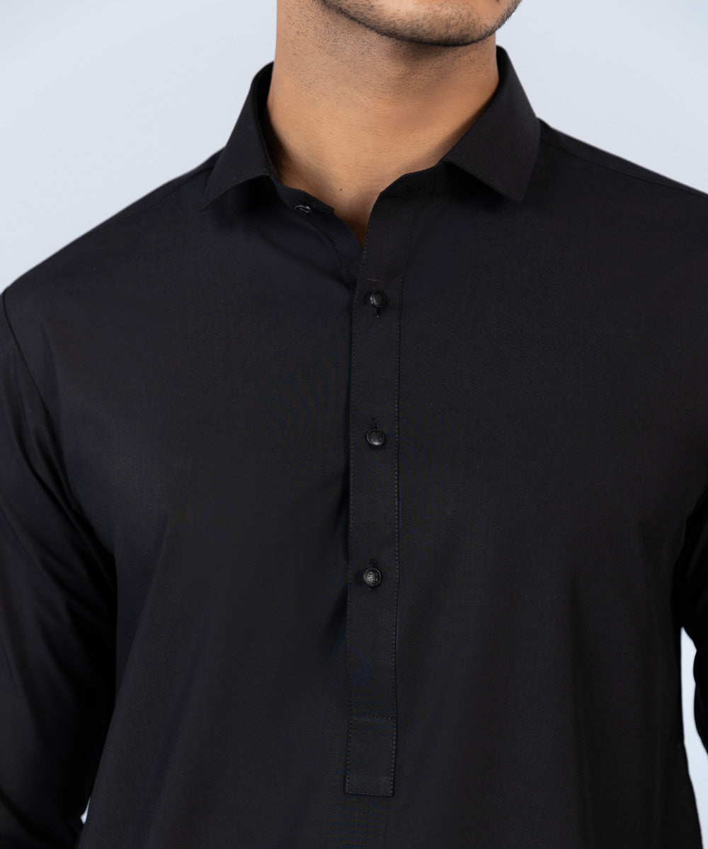 Men's Stitched Wash & Wear Black Round Hem Kurta Shalwar