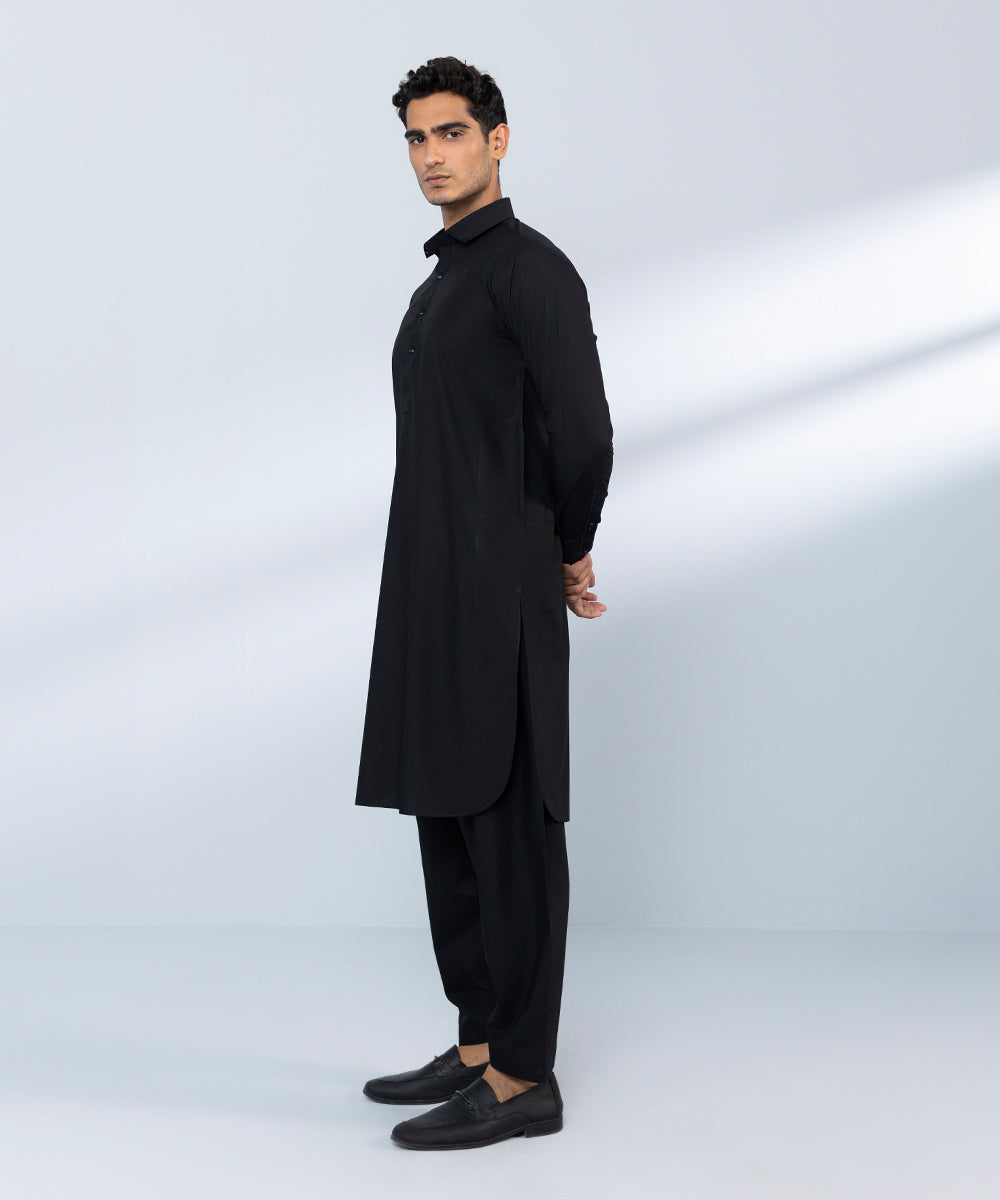 Men's Stitched Wash & Wear Black Round Hem Kurta Shalwar