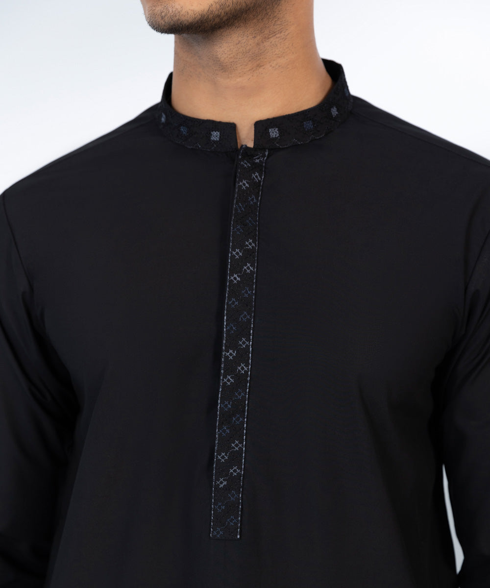 Men's Stitched Wash & Wear Black Straight Hem Kurta & Trousers