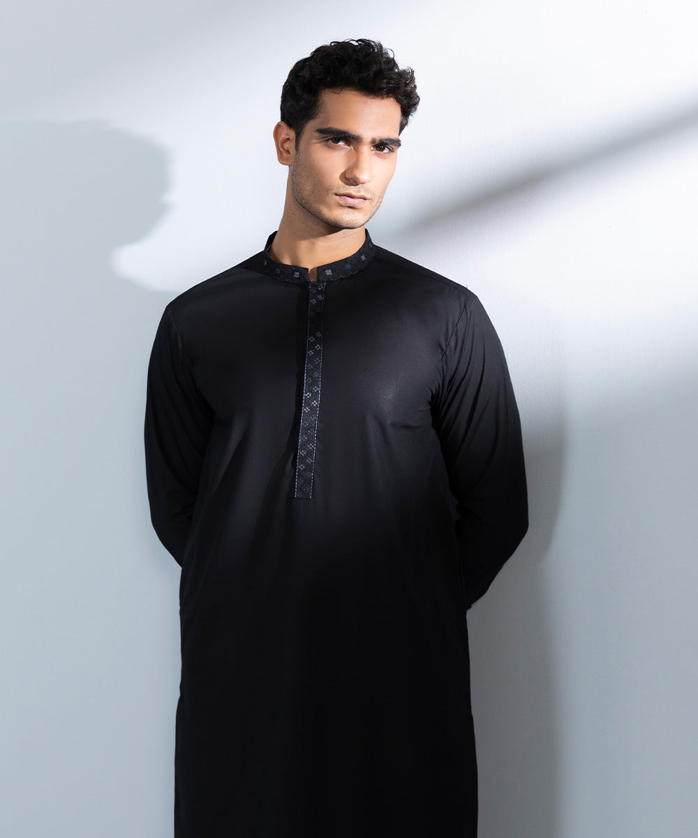 Men's Stitched Wash & Wear Black Straight Hem Kurta & Trousers