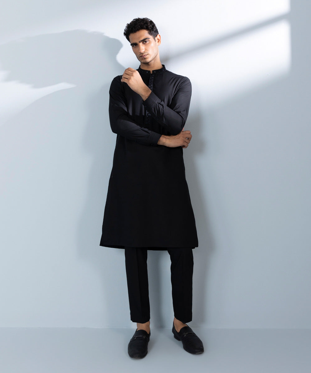 Men's Stitched Wash & Wear Black Straight Hem Kurta & Trousers