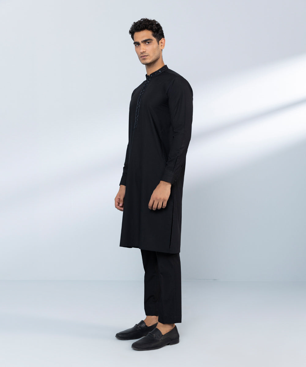 Men's Stitched Wash & Wear Black Straight Hem Kurta & Trousers