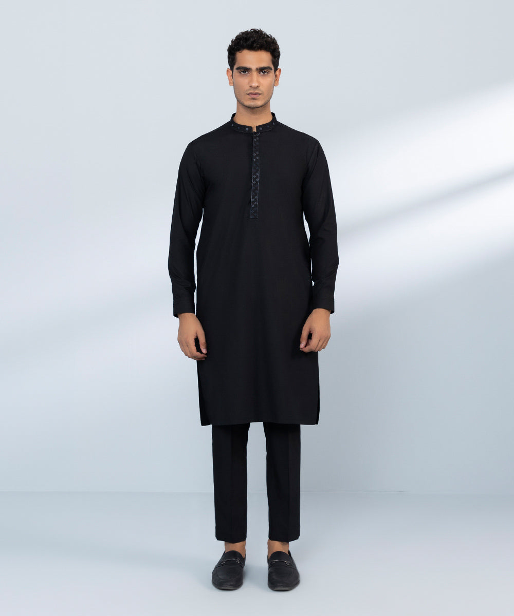 Men's Stitched Wash & Wear Black Straight Hem Kurta & Trousers