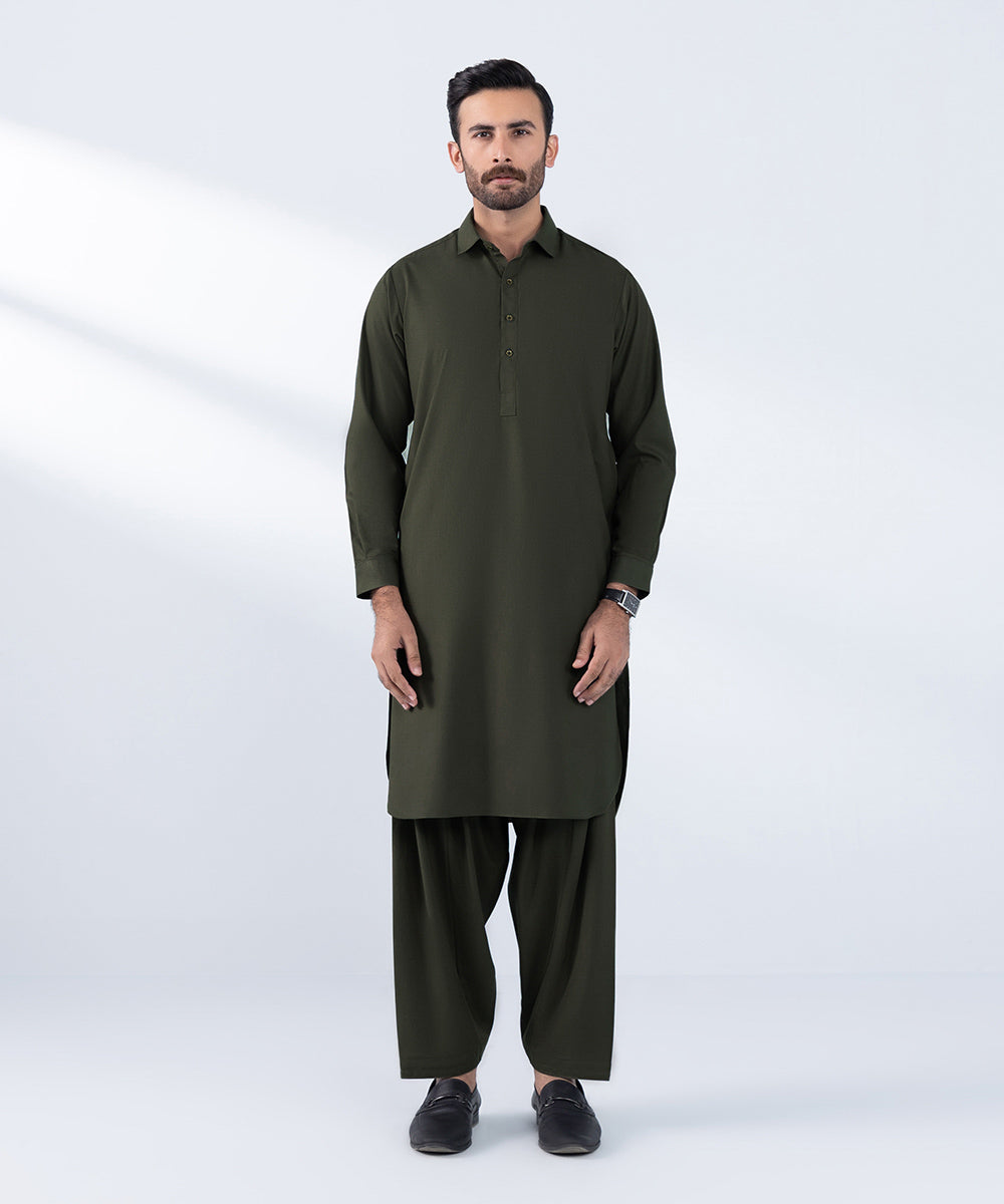 Men's Stitched Olive Wash & Wear Kurta Shalwar