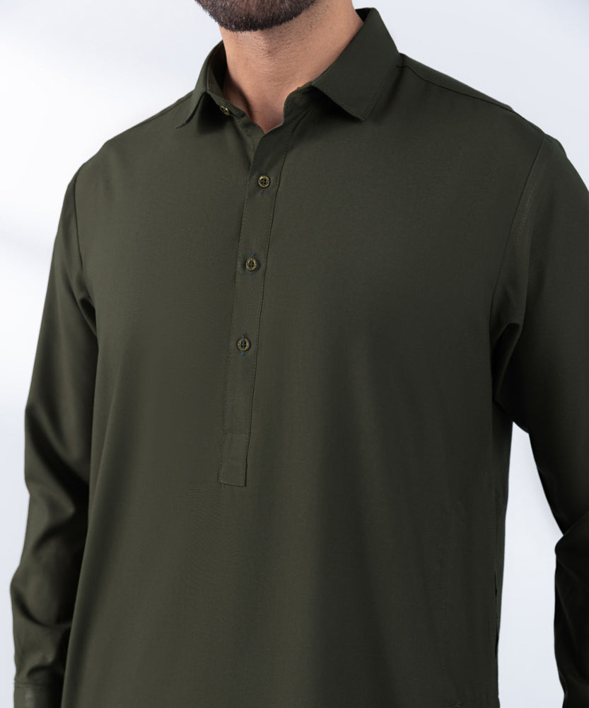 Men's Stitched Olive Wash & Wear Kurta Shalwar