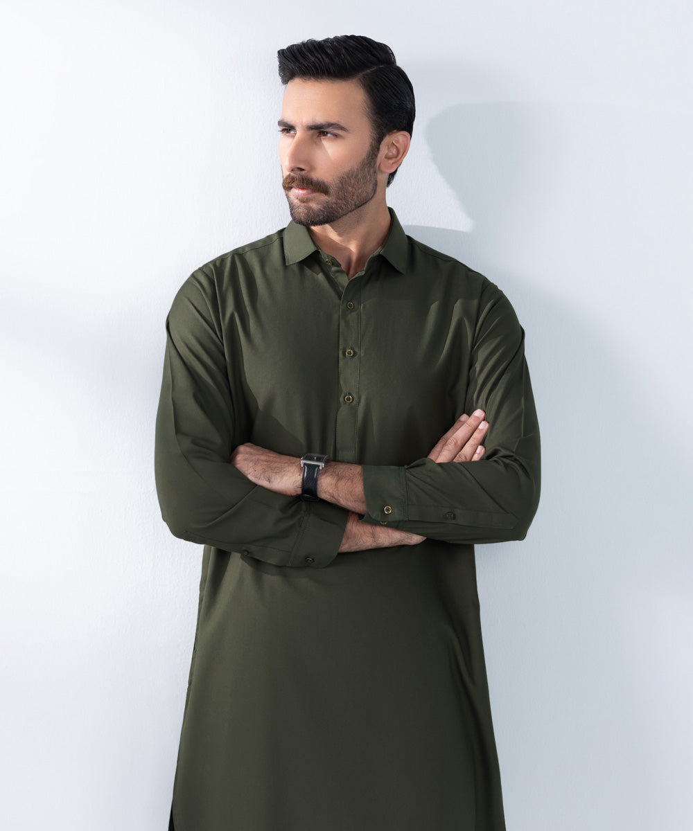 Men's Stitched Olive Wash & Wear Kurta Shalwar