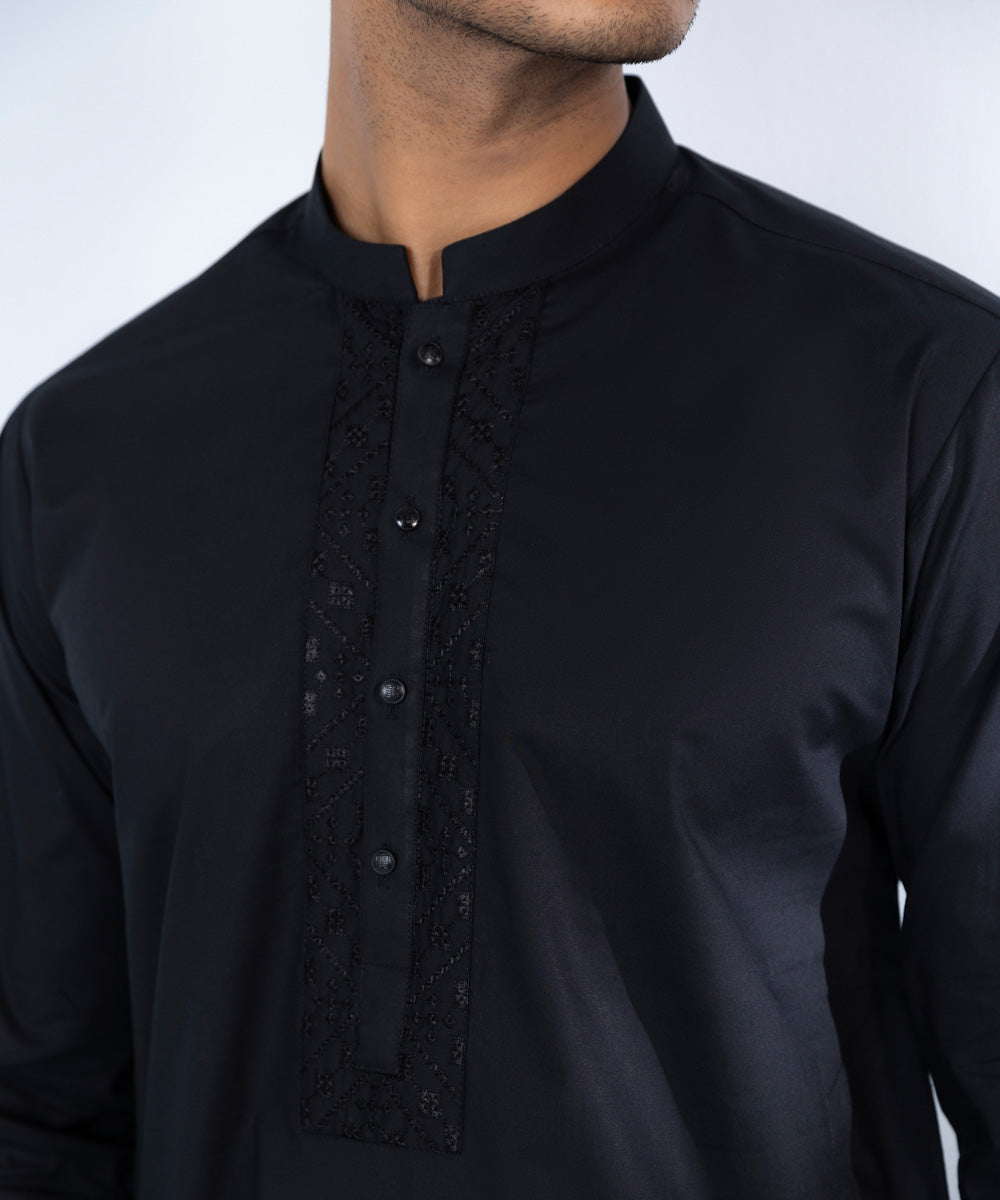 Men's Stitched Fine Cotton Black Straight Hem Kurta Shalwar