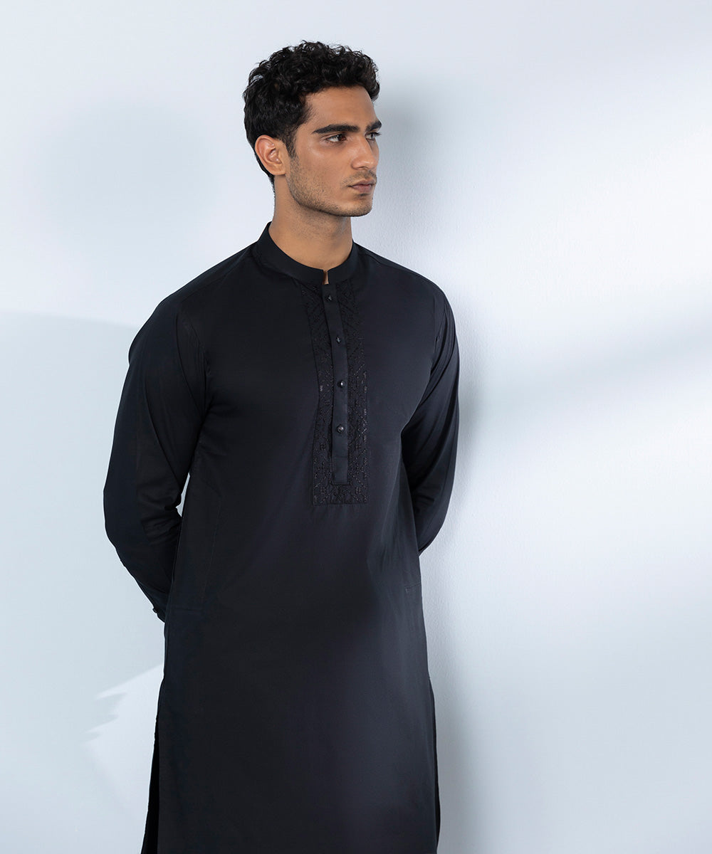 Men's Stitched Fine Cotton Black Straight Hem Kurta Shalwar