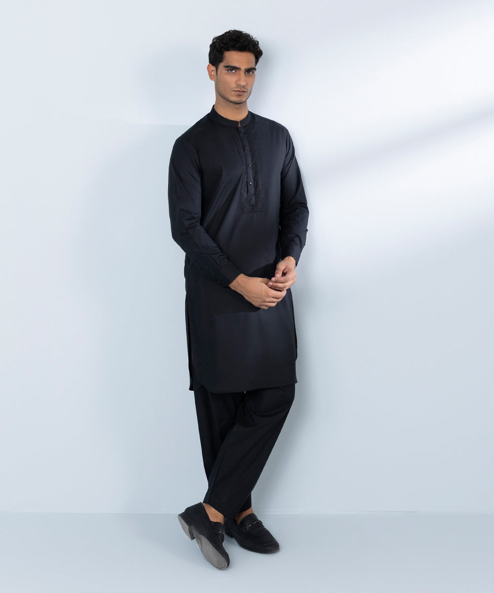 Men's Stitched Fine Cotton Black Straight Hem Kurta Shalwar