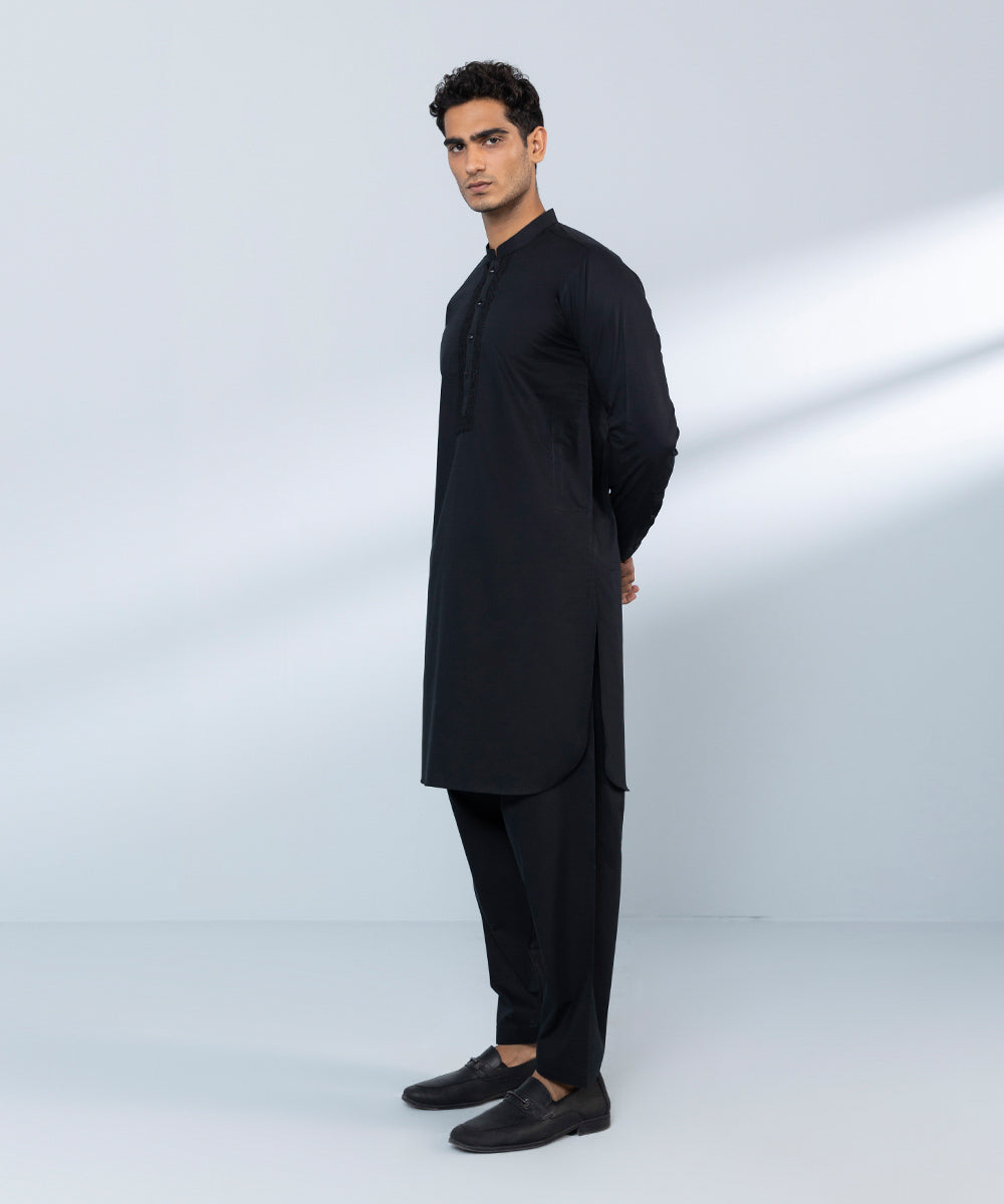 Men's Stitched Fine Cotton Black Straight Hem Kurta Shalwar