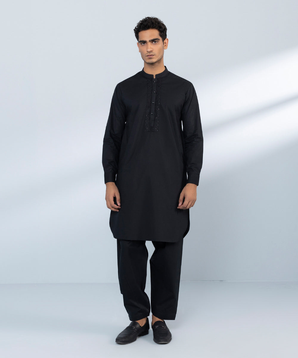 Men's Stitched Fine Cotton Black Straight Hem Kurta Shalwar