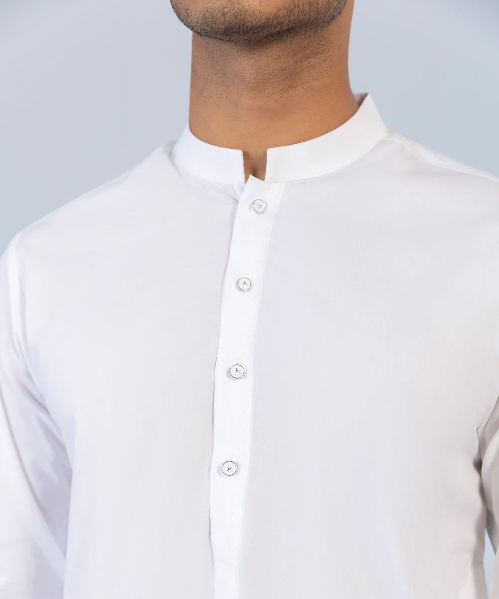 Men's Stitched Fine Cotton White Straight Hem Kurta & Trousers