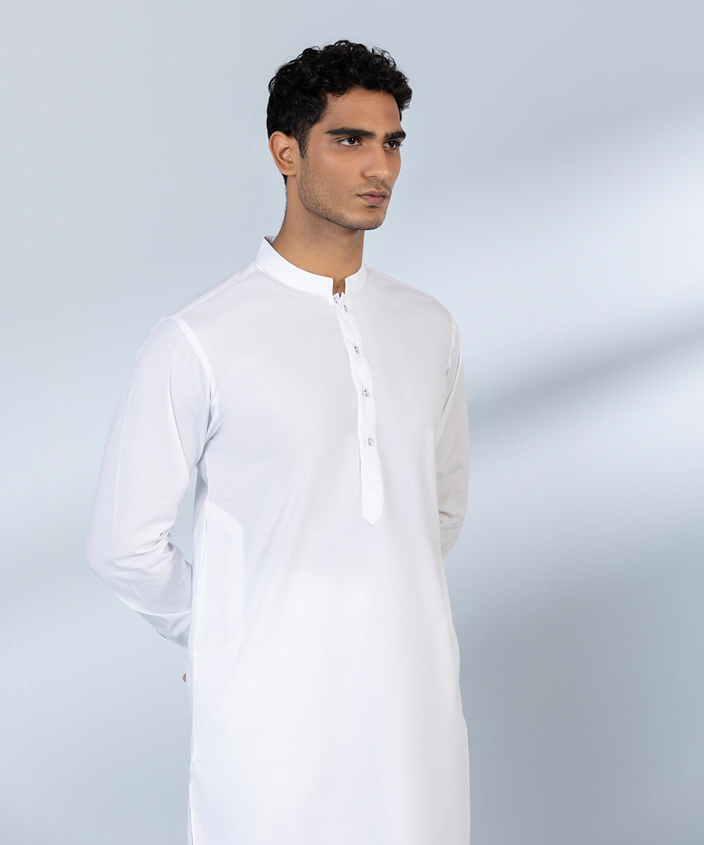 Men's Stitched Fine Cotton White Straight Hem Kurta & Trousers