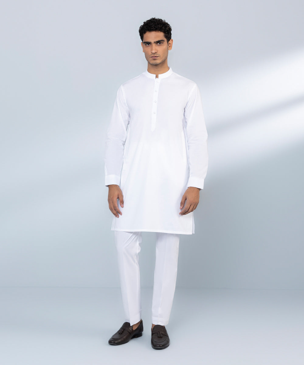 Men's Stitched Fine Cotton White Straight Hem Kurta & Trousers