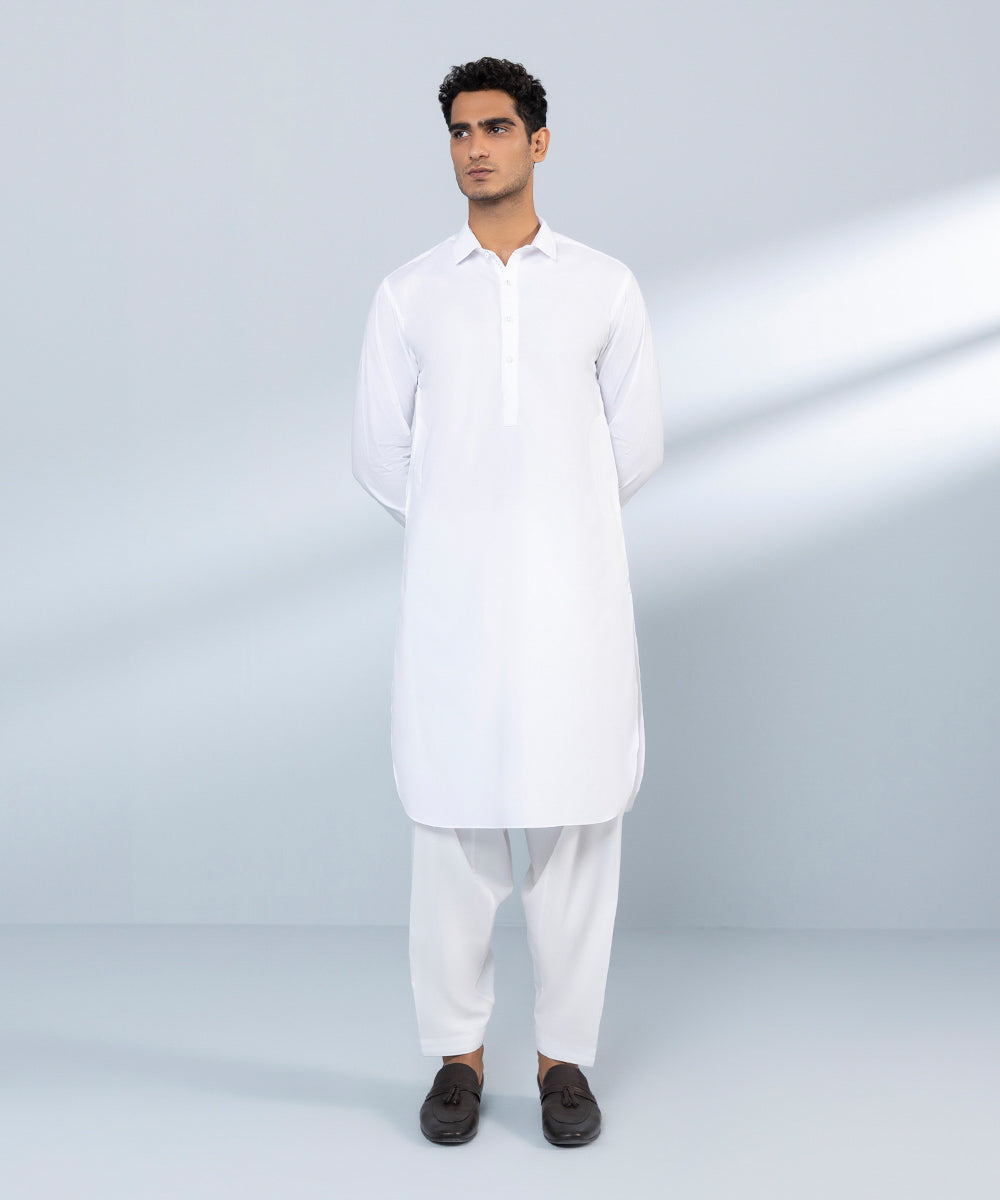 Men's Stitched Fine Cotton White Straight Hem Kurta Shalwar