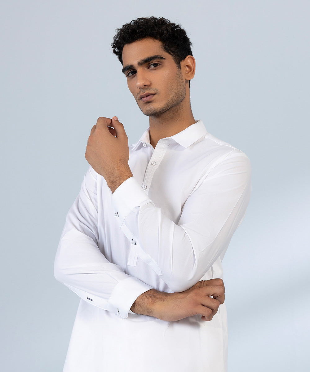 Men's Stitched Fine Cotton White Straight Hem Kurta Shalwar