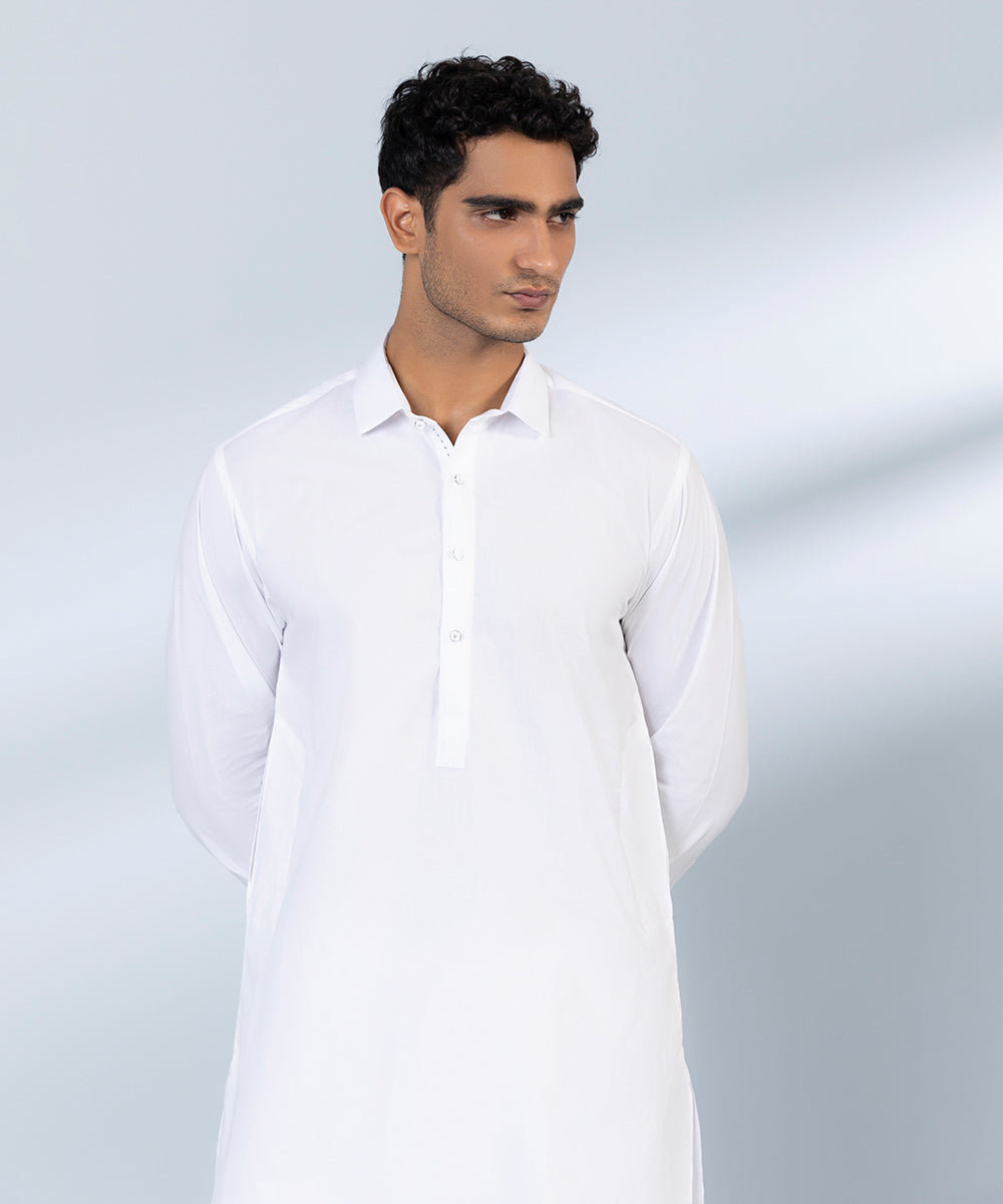 Men's Stitched Fine Cotton White Straight Hem Kurta Shalwar