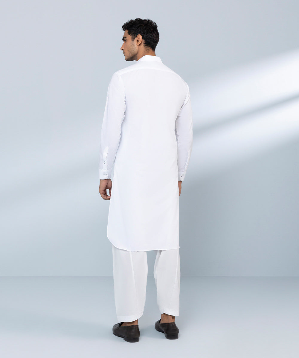 Men's Stitched Fine Cotton White Straight Hem Kurta Shalwar