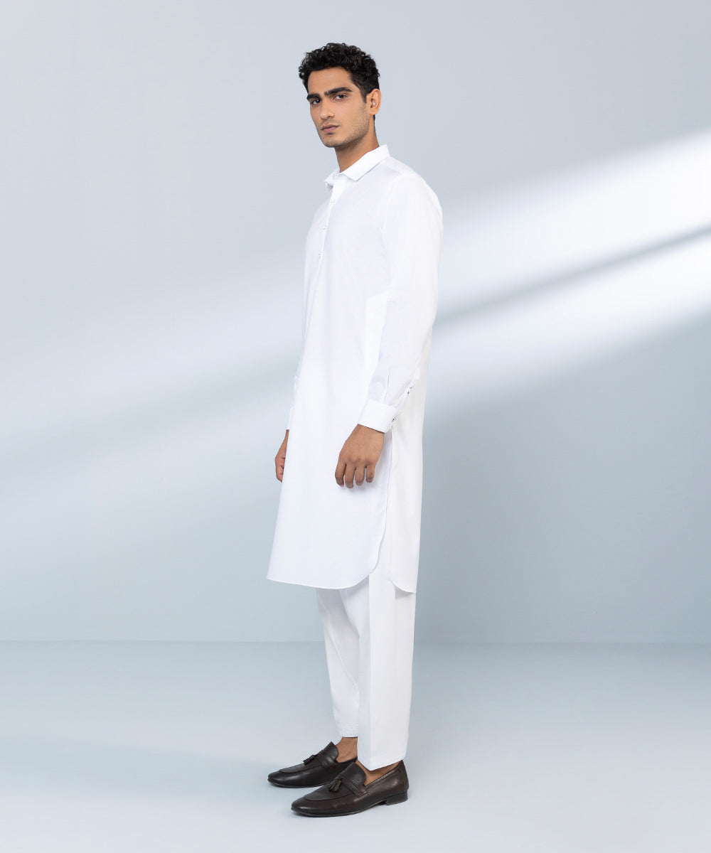 Men's Stitched Fine Cotton White Straight Hem Kurta Shalwar