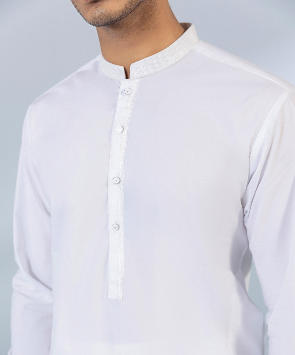 Men's Stitched Fine Cotton White Straight Hem Kurta & Trousers