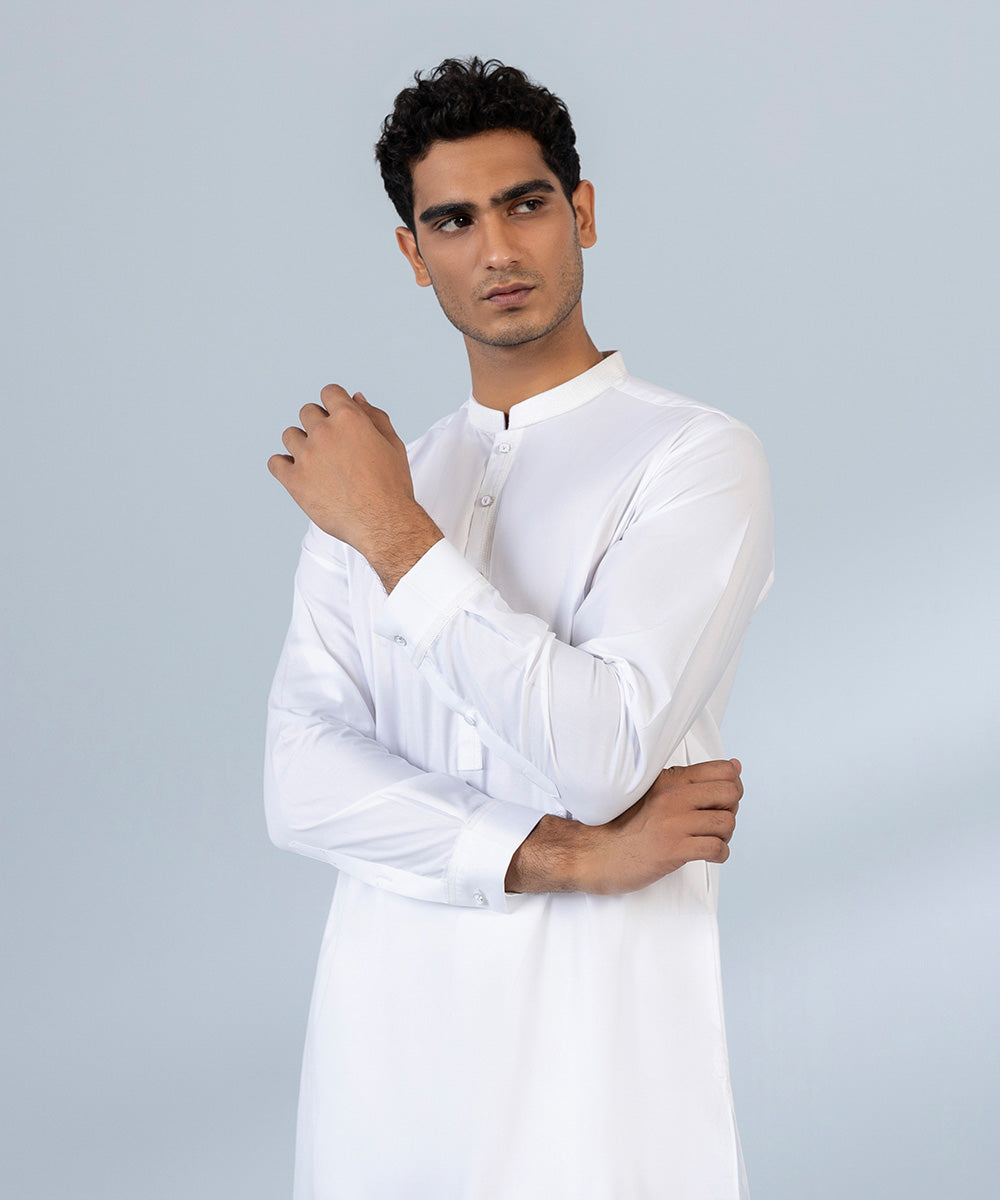 Men's Stitched Fine Cotton White Straight Hem Kurta & Trousers