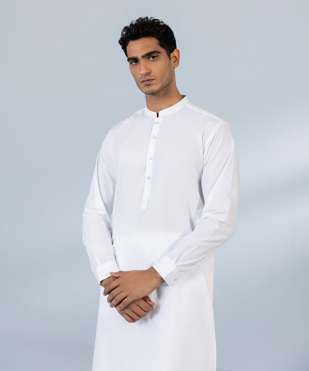 Men's Stitched Fine Cotton White Straight Hem Kurta & Trousers