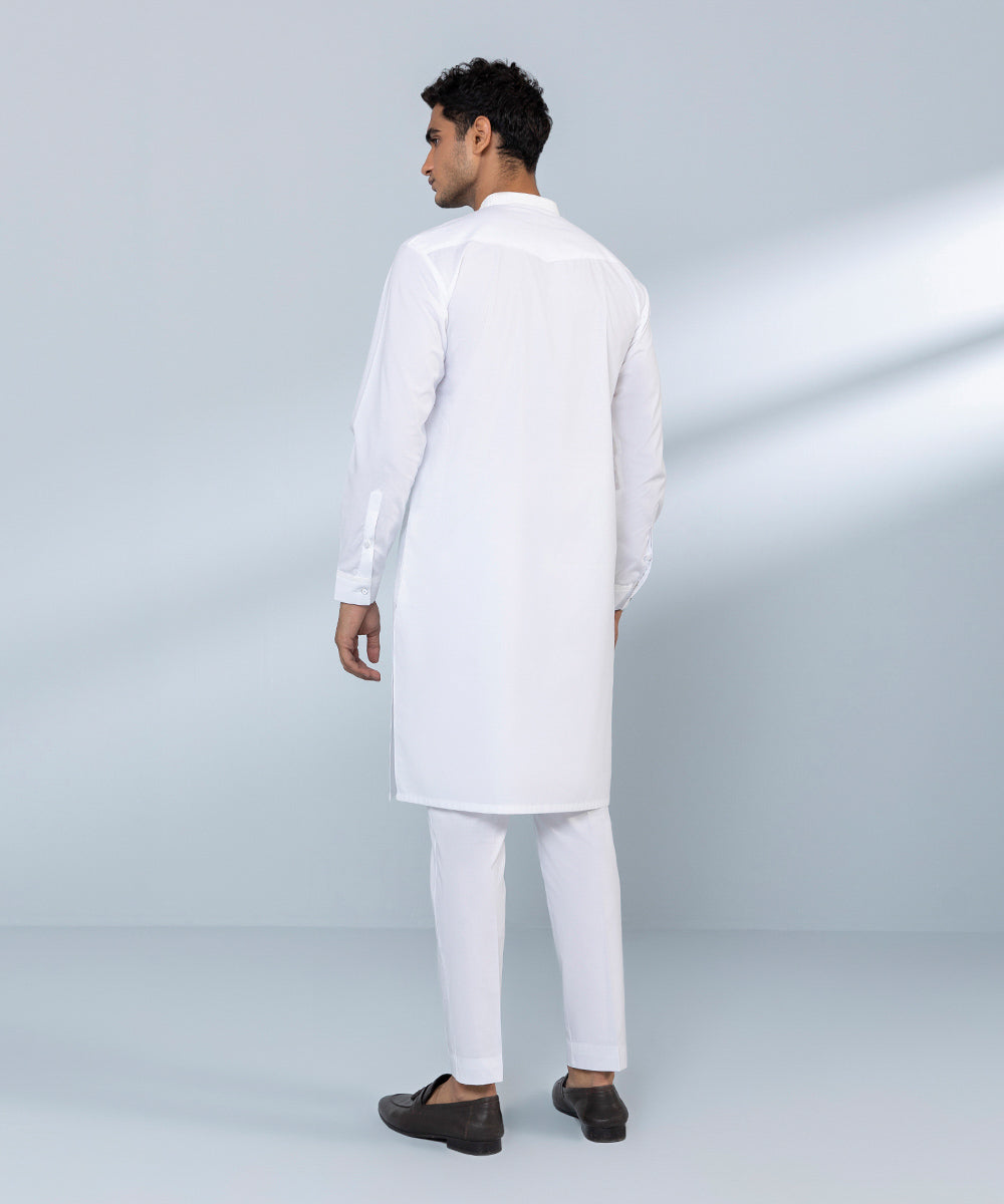 Men's Stitched Fine Cotton White Straight Hem Kurta & Trousers