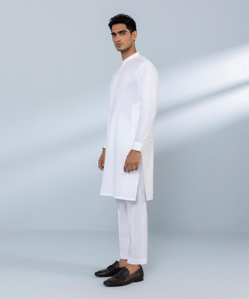 Men's Stitched Fine Cotton White Straight Hem Kurta & Trousers