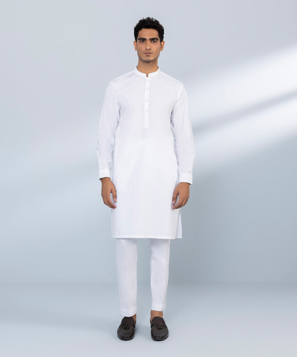 Men's Stitched Fine Cotton White Straight Hem Kurta & Trousers