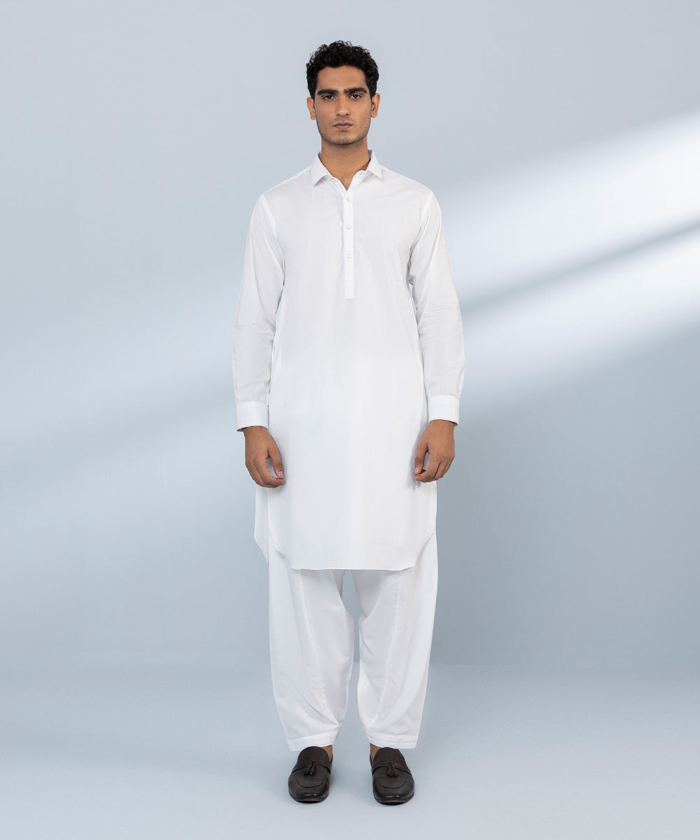 Men's Stitched Fine Cotton White Straight Hem Kurta Shalwar