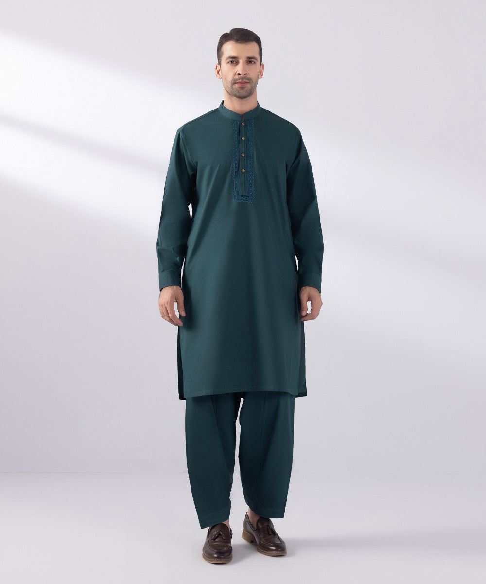 Men's Stitched Cotton Dobby Embroidered Dull Blue Straight Hem Kurta Shalwar