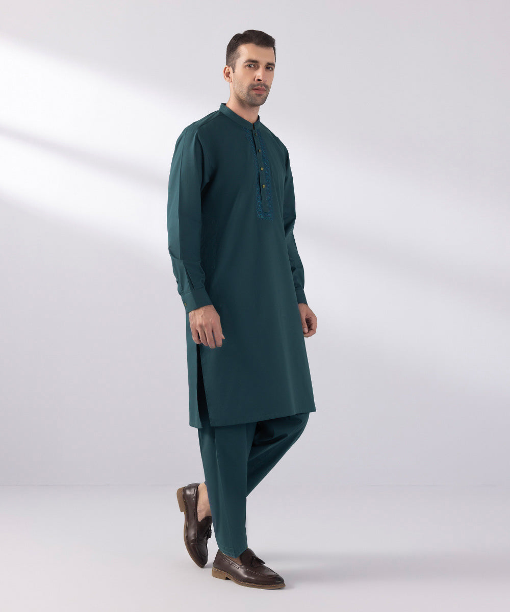 Men's Stitched Cotton Dobby Embroidered Dull Blue Straight Hem Kurta Shalwar