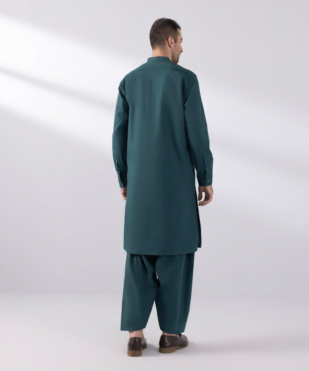 Men's Stitched Cotton Dobby Embroidered Dull Blue Straight Hem Kurta Shalwar