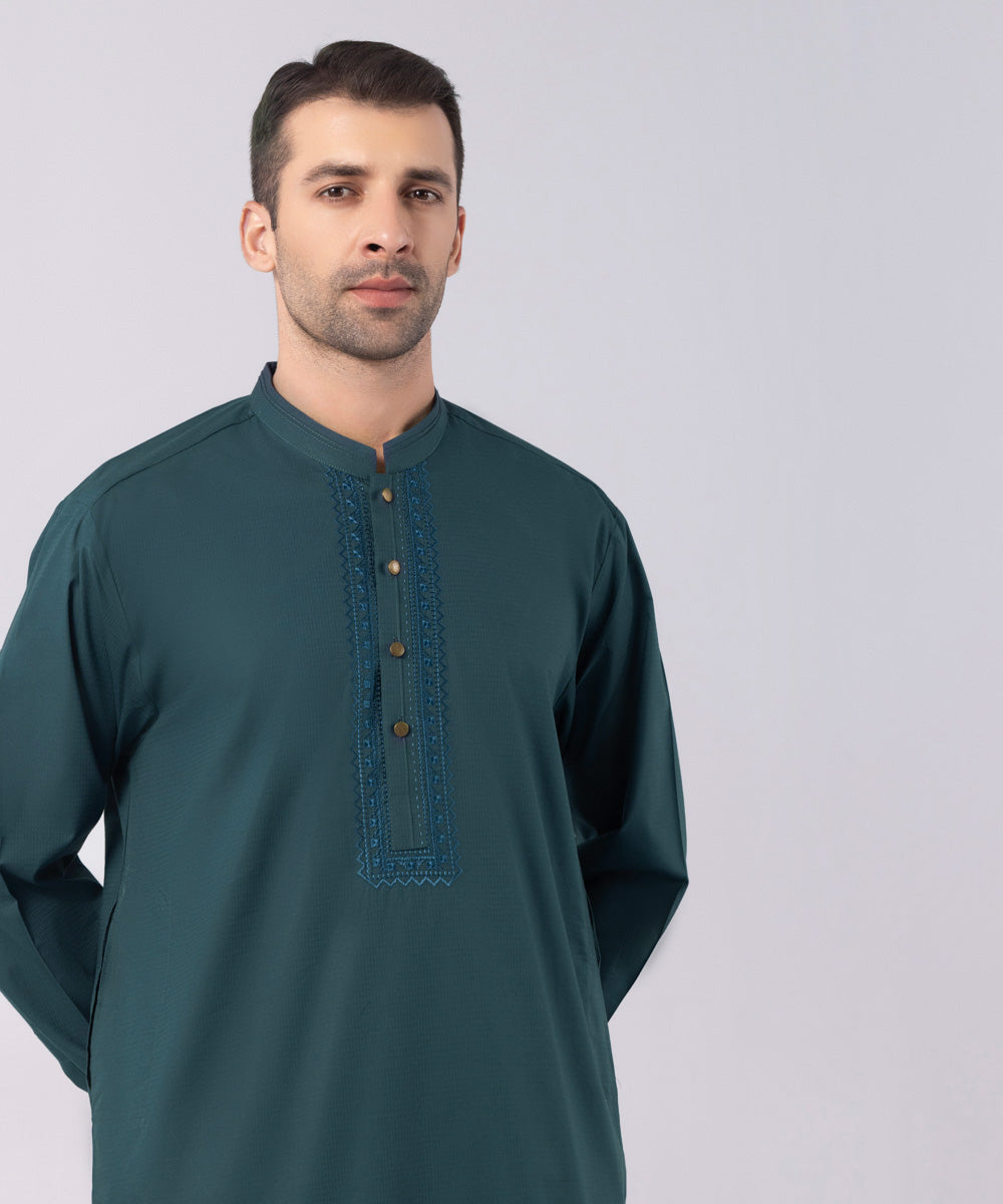 Men's Stitched Cotton Dobby Embroidered Dull Blue Straight Hem Kurta Shalwar