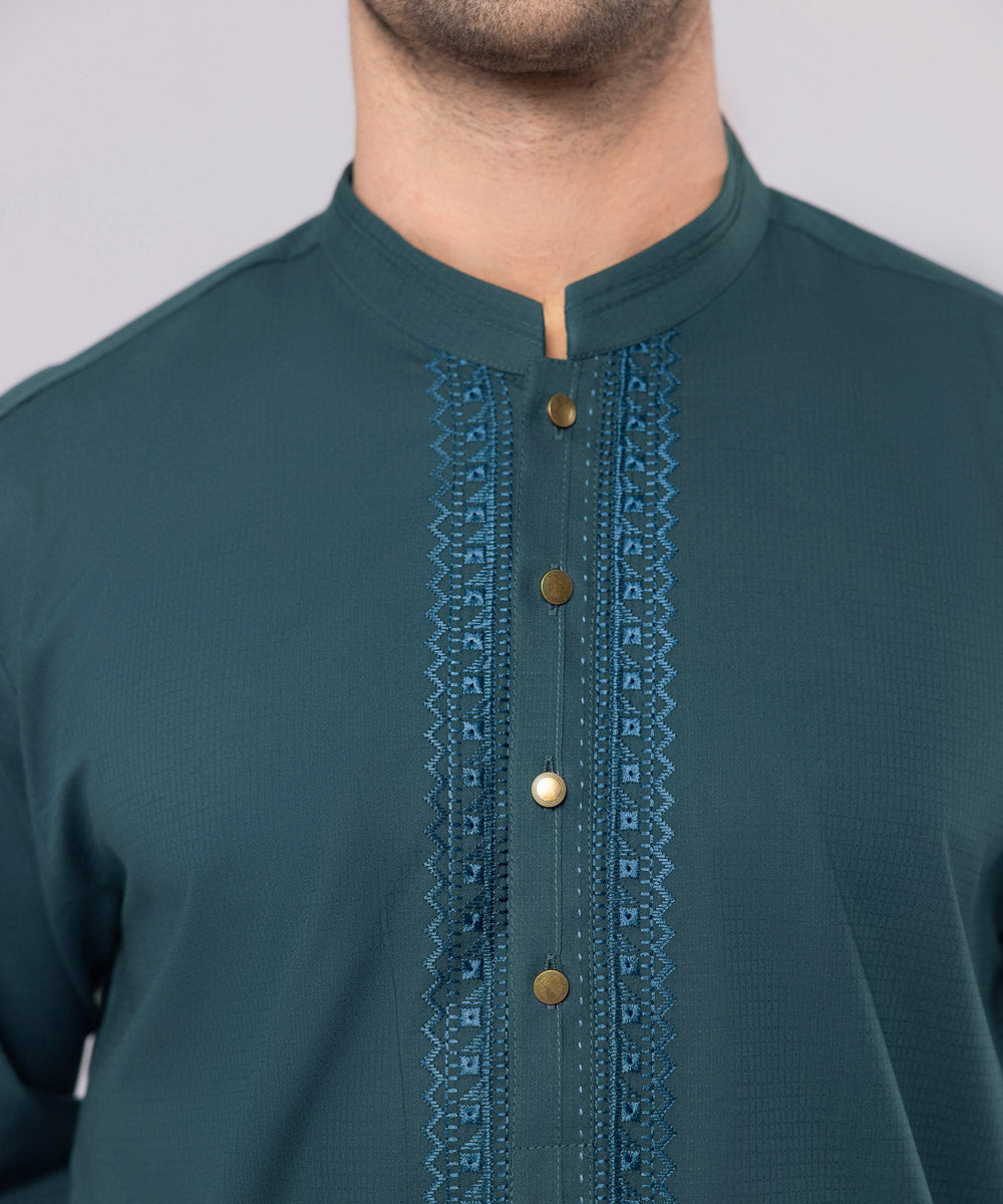 Men's Stitched Cotton Dobby Embroidered Dull Blue Straight Hem Kurta Shalwar