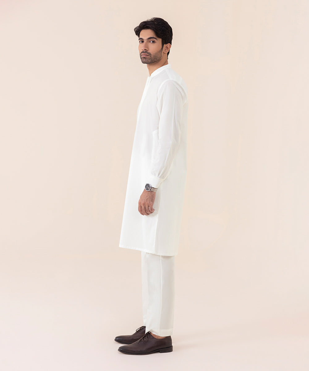 Men's Stitched Summer Cotton White Straight Hem Suit