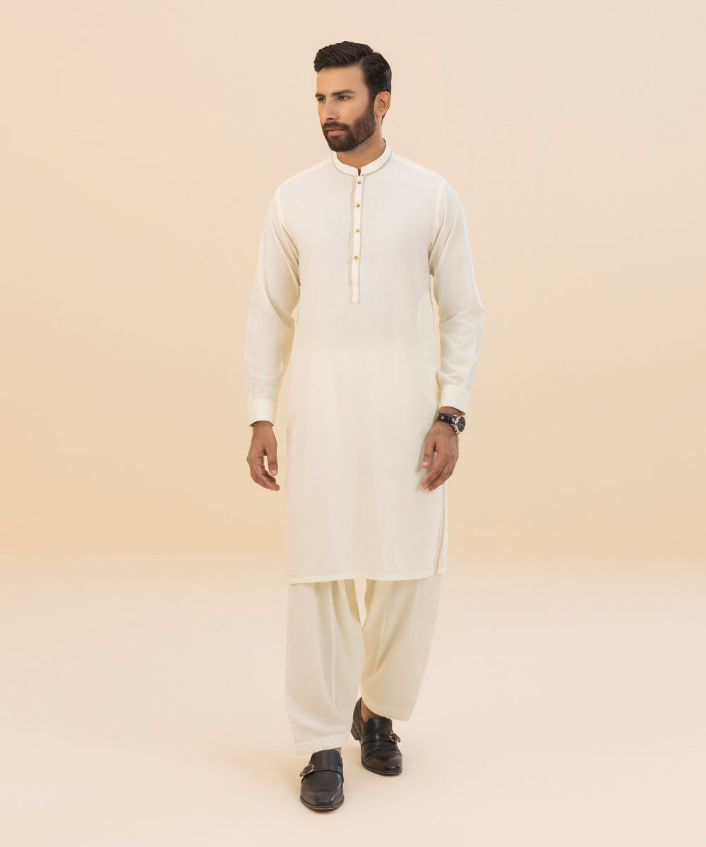 Men's Stitched Wash & Wear Fabric Cream Straight Hem Embroidered Suit