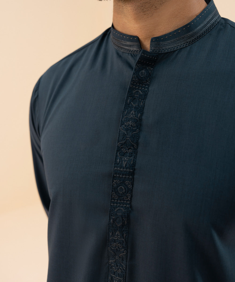 Men's Stitched Summer Wash & Wear Dark Blue Round Hem Embroidered Suit