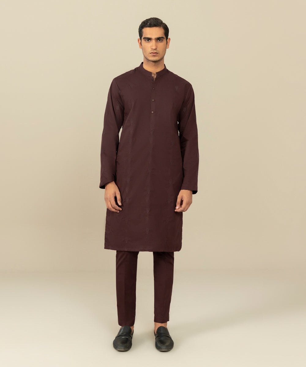 Men's Festive Stitched Cotton Embroidered Maroon Straight Hem Suit